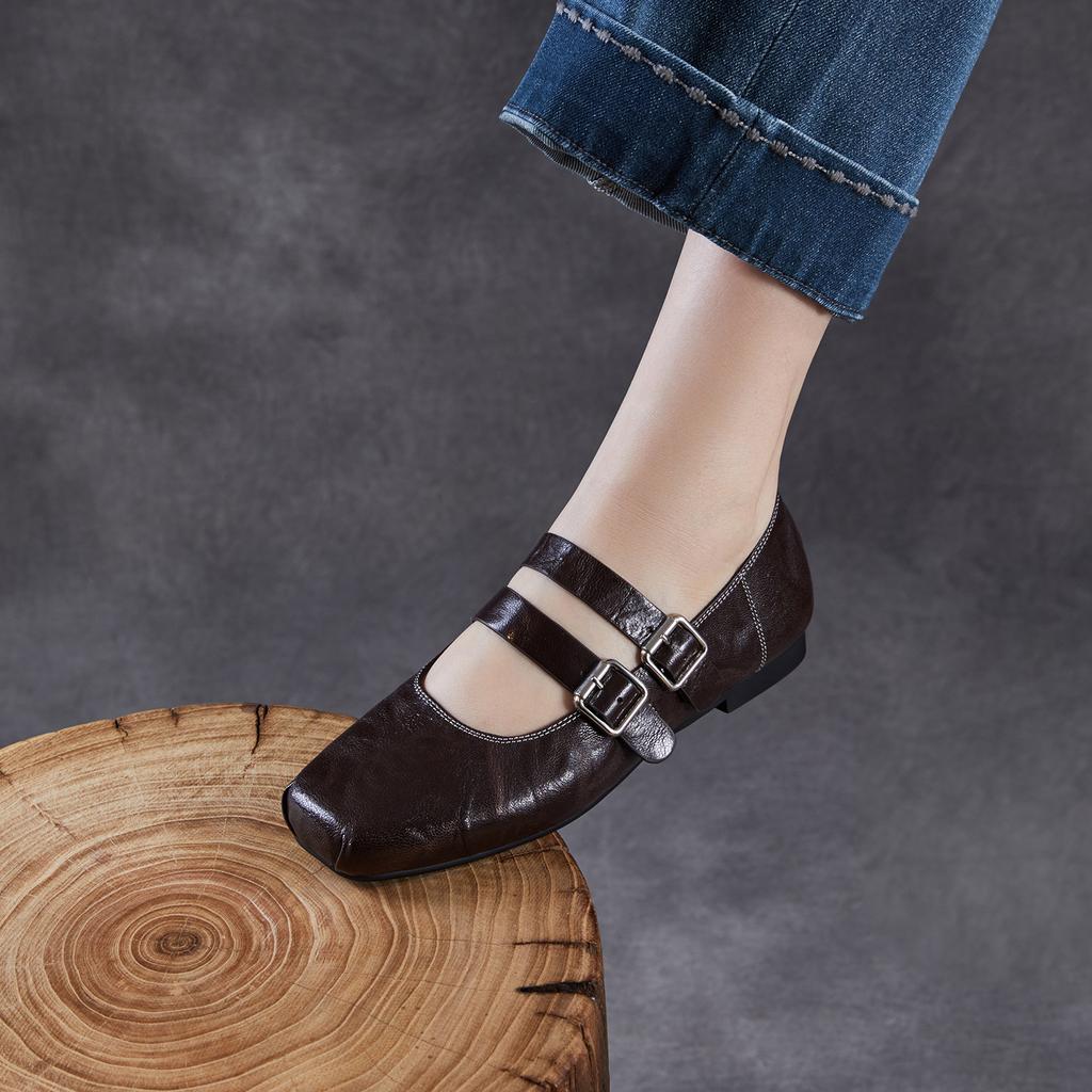 Square head leather Mary Jane women's shoes 2026 spring new belt buckle shallow mouth single shoes flat bottom small leather shoes
