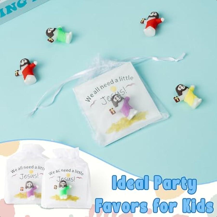 Mini Jesus Figurines Bulk 75Set Colorful Little Jesus Easter Toy with Prayer Cards Organza Bag Religious Party Gifts Pack Churc