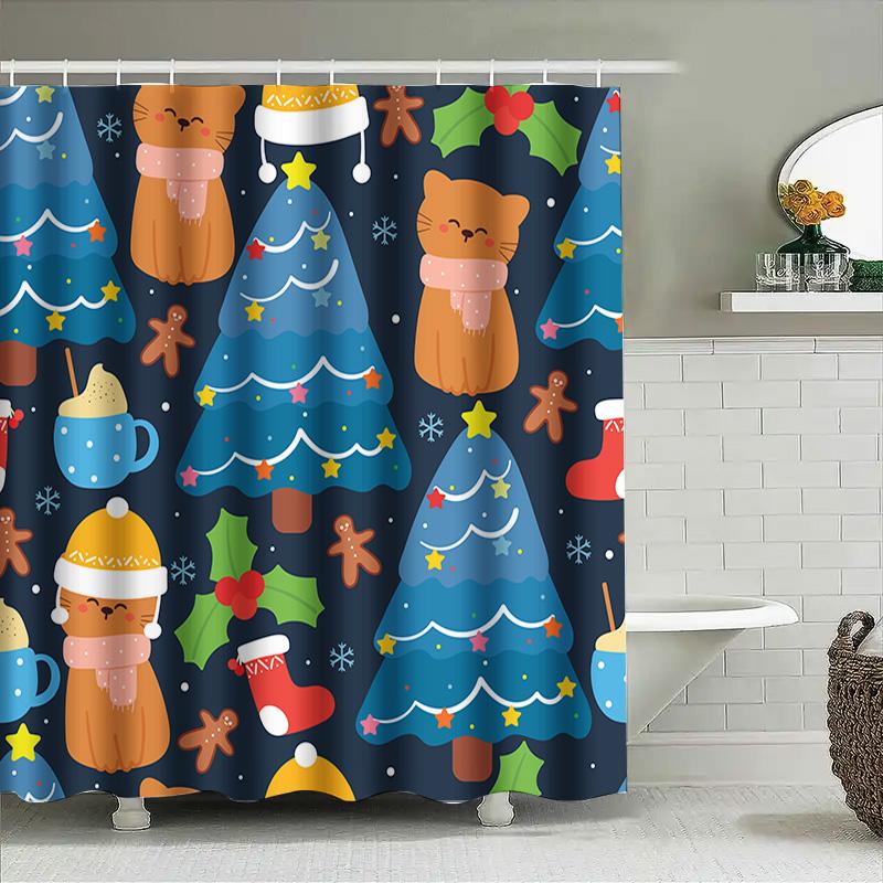 Charming Christmas Cat Trees Bath Curtain Set For Home Decoration Multicolored Shower Curtains