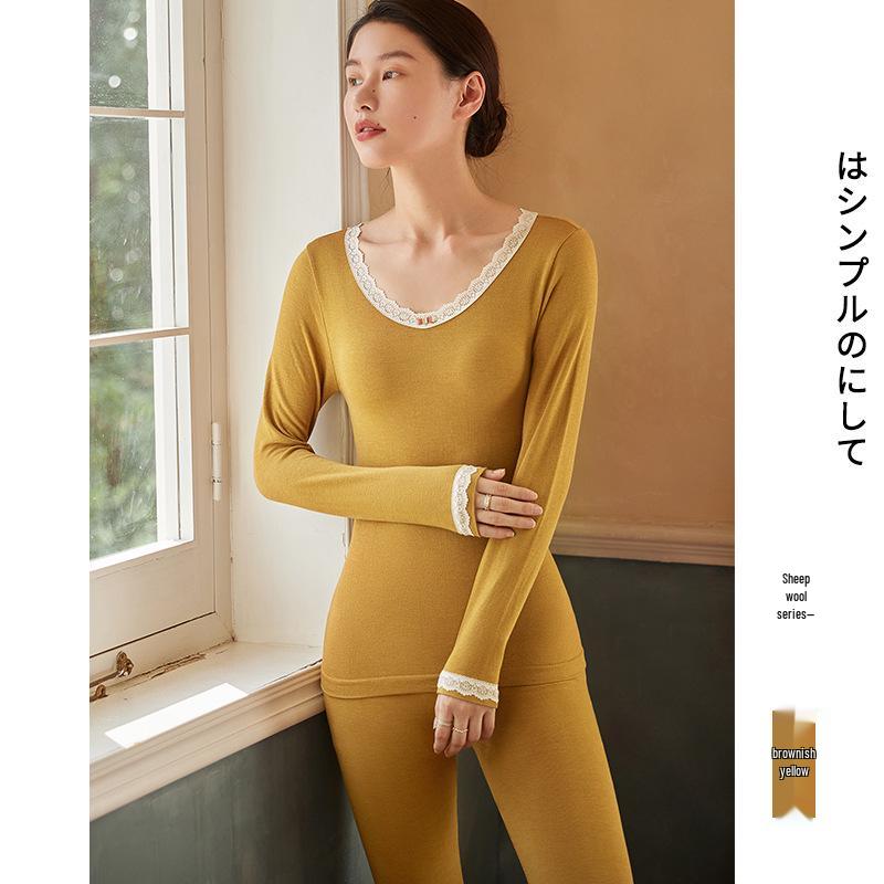 

Женский термокомплект из немецкого бархата и шерсти с кружевом, прилегающего кроя - Теплое осенне-зимнее нижнее белье One Size [80-130 lbs]