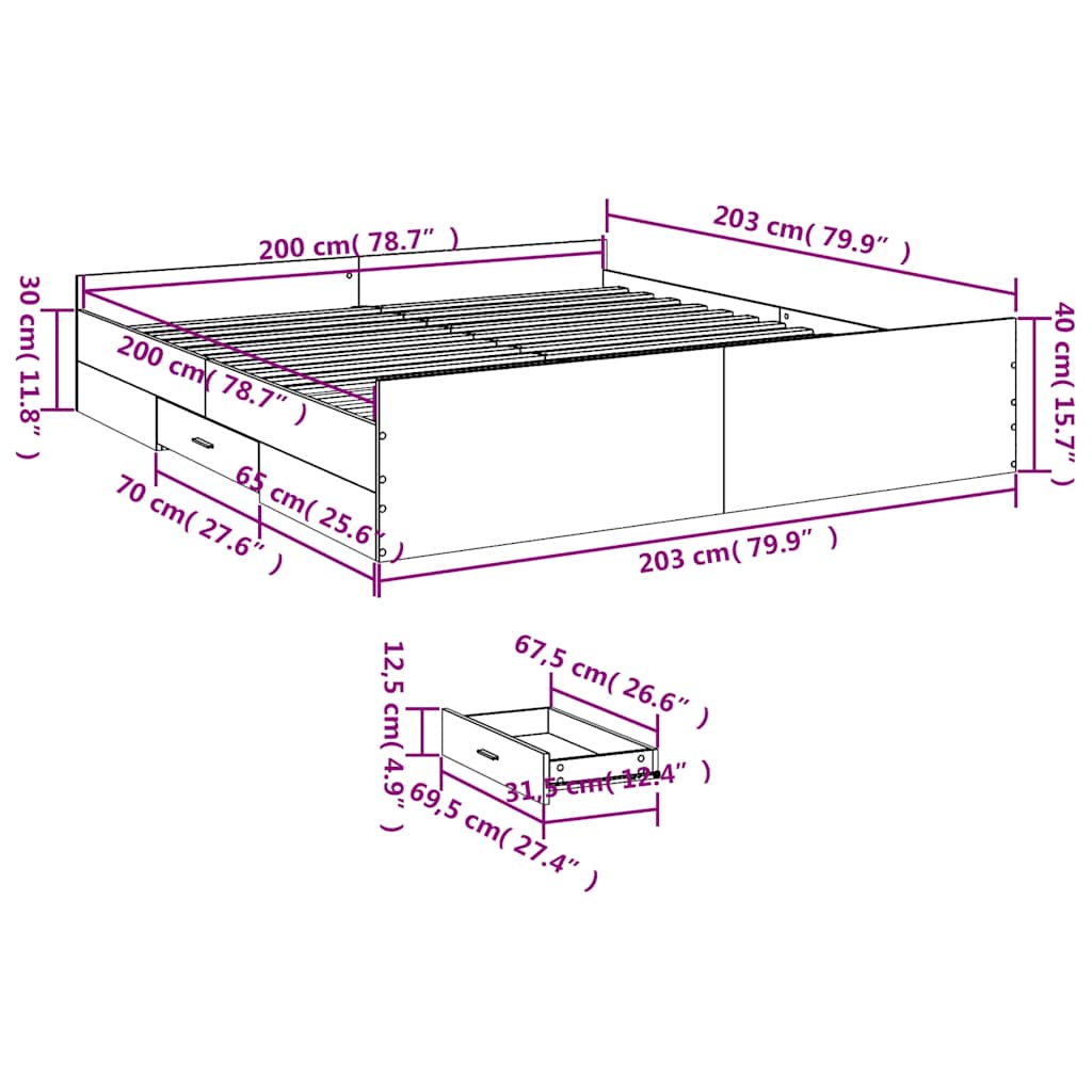 Bed Frame with Drawers Smoked Oak Finish 200x200 Cm Particleboard