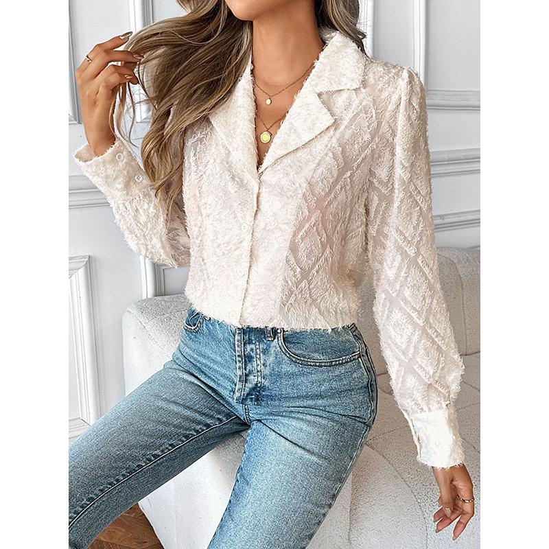 Spring And Autumn Women New Single Breasted Cardigan Suit Collar Long Sleeved Jacquard Blouse Elegant Office Lady Shirts