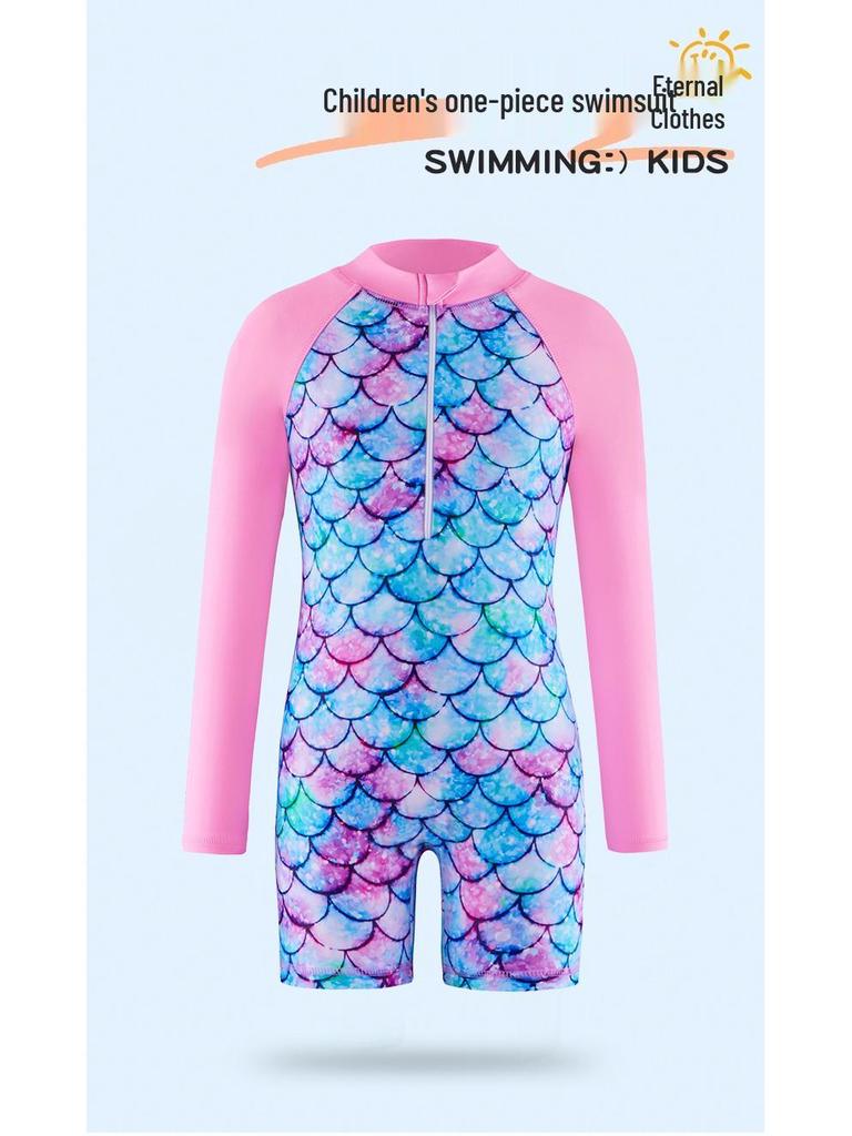 Long Sleeve Mermaid One-Piece Girls' Swimsuit with Sun Protection