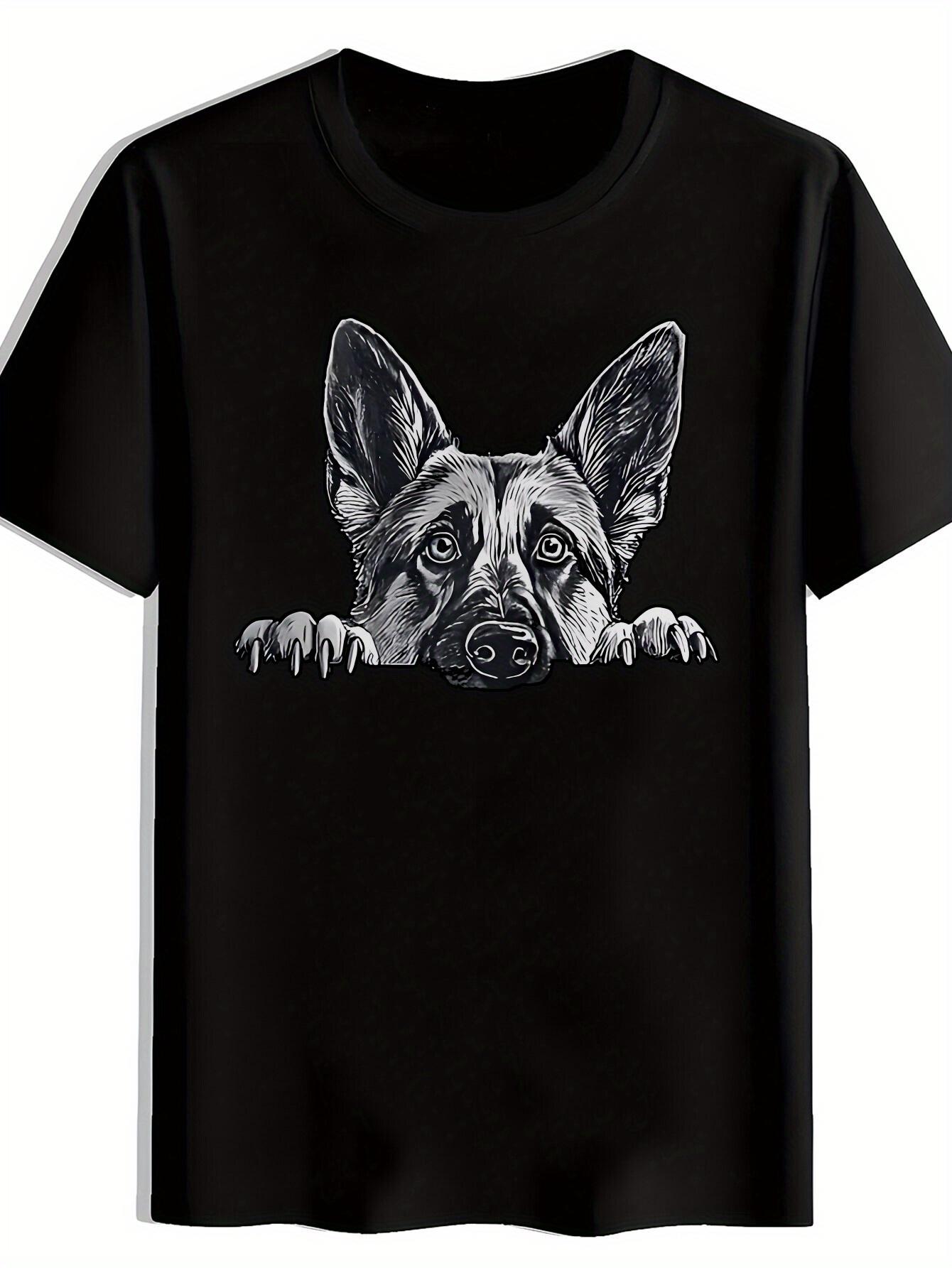 Casual Short Sleeve T-shirt with German Shepherd Dog Print - Black Polyester Crew Neck XL
