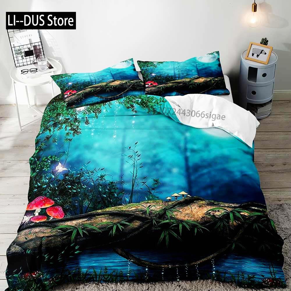 White Mushroom Bedding Set Duvet Cover Full Size Green Plant Botanical Comforter Quilt Cover 2 Pillow Shams for Women Girls