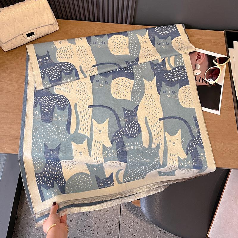 Cartoon Cat Contrasting Colors Double-Sided Imitation Cashmere Scarf Winter High-End Warm Shawl Women