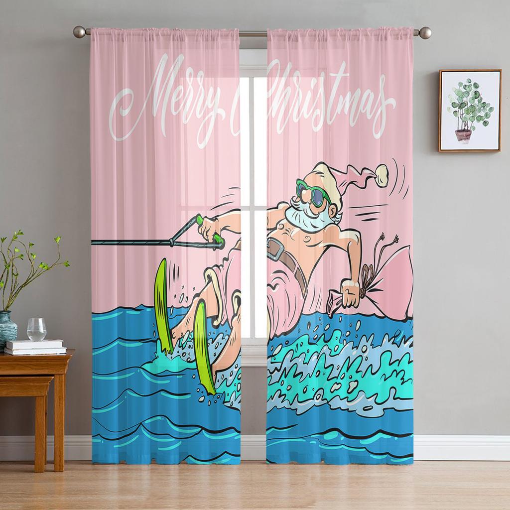 Rosa Weihnachtsbaum Schneeflocke Weihnachtsmann Tüllvorhänge für Wohnzimmer Schlafzimmer Dekor Chiffon Transparent Voile Küchenfenstervorhänge