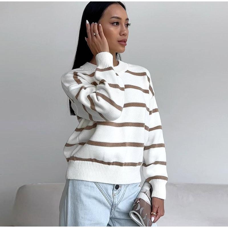 Winter Autumn Loose Round Neck Striped Knitted Pullover Women Long Sleeve Casual O-neck Sweater