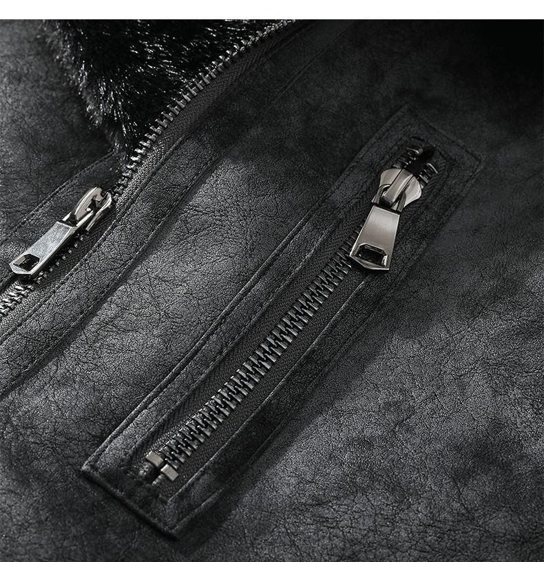 JK2035 Men's Plus Size Leather & Fur Lapel Jacket - Thickened Velvet for Autumn/Winter