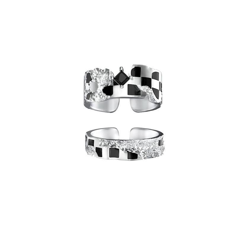 Style Ins Elegant Adjustable Silver Checkerboard Ring For Women Trendy Festival Gift
