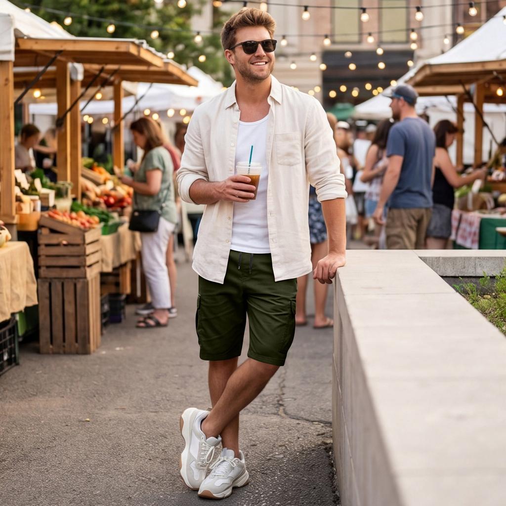Men Multi Pocket Cotton Cargo Shorts Loose Fit Drawstring Waist Casual Outdoor Pants