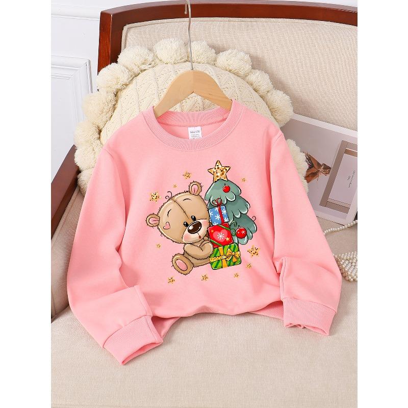 European sizes Girls' Crewneck Sweatshirt Cute Bear Christmas Tree Gifts Stars, Soft Comfy Sportswear for Children & Teens