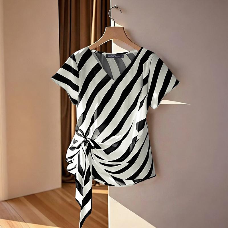 ZANZEA Blusa informal de verano con cuello en V y manga corta a rayas para mujer
