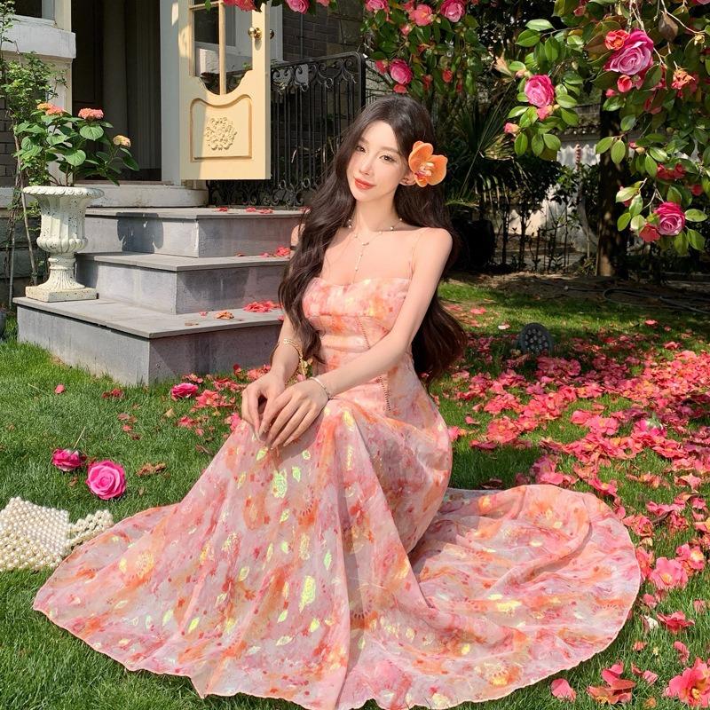 Sommer Neues Jacquard Chiffon Trägerkleid Meeresurlaub Gefühl Schmale Taille Langes Kleid Damen