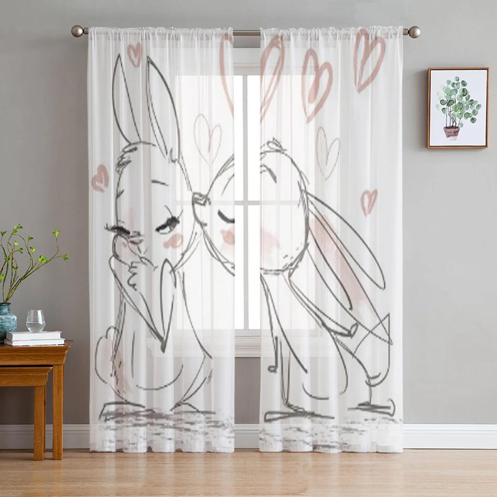 Hase Kaninchen mit Blumen Aquarell durchsichtiger Vorhang für Wohnzimmer moderne Voile Tüll Fenstervorhänge für Schlafzimmer Küche Vorhänge