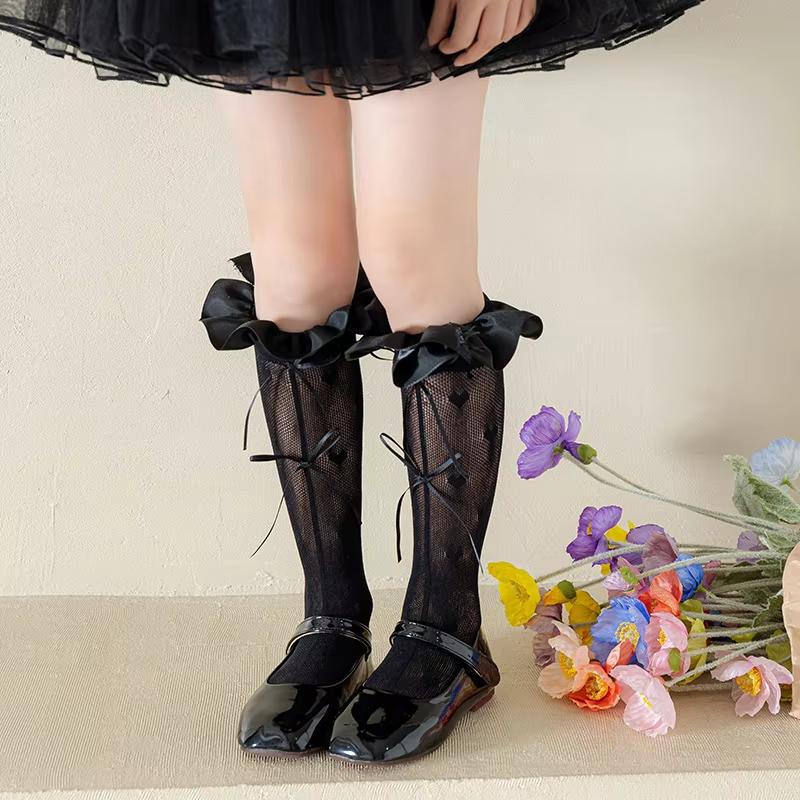 1 Pair Summer Thin Sweet Calf Mesh Sock for Kids Girl Bow Ribbon Heart Hollow Children's Sock Soft Lace Ballet Ruffle Sock