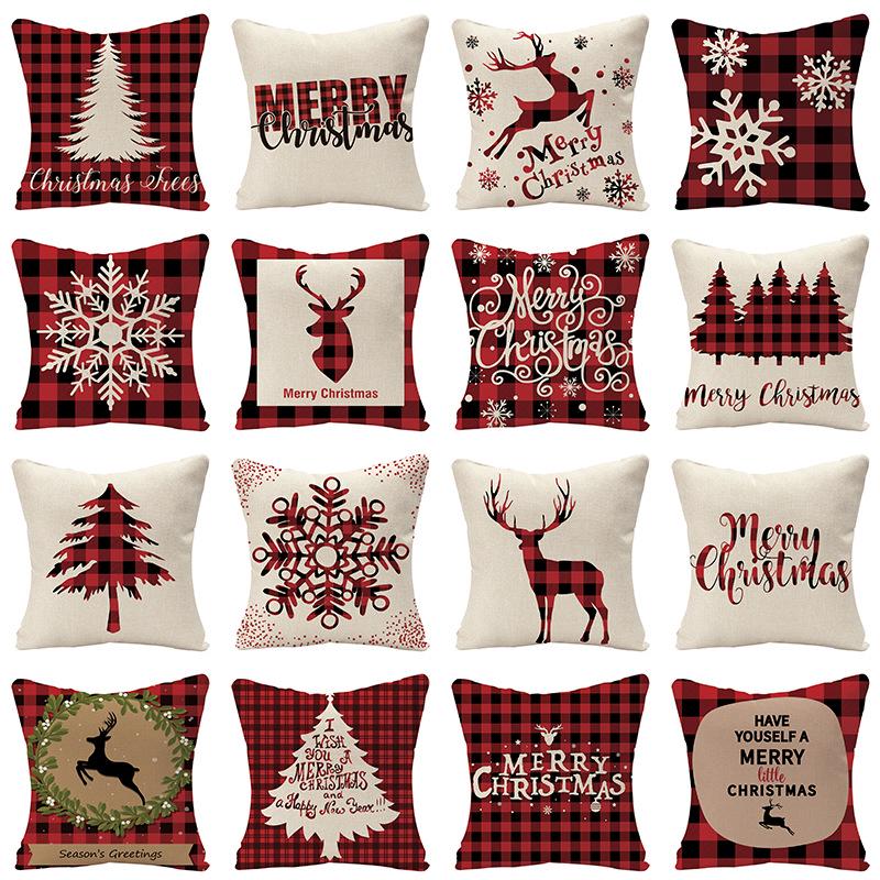 Christmas Plaid Linen Pillowcase Festive Home Decoration Gift Sofa Pillow Cushion Cover