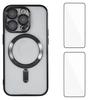 For iPhone 15 Pro Max Magnetic Case WANLONFENG Electroplated TPU Cover with Lens Film+2Pcs Tempered Glass