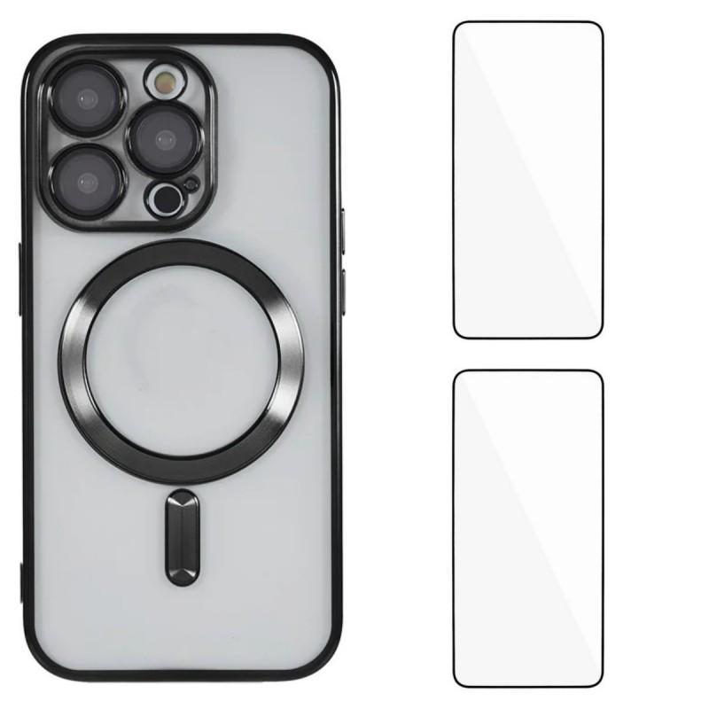 For iPhone 15 Pro Max Magnetic Case WANLONFENG Electroplated TPU Cover with Lens Film+2Pcs Tempered Glass
