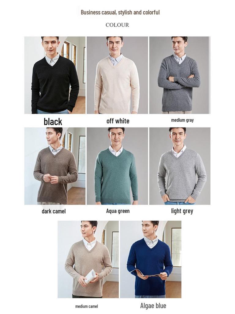 Men's 100% Pure Wool V-Neck Sweater, New Autumn/Winter Business Casual Soft Knit, Long-Sleeve Base Layer.