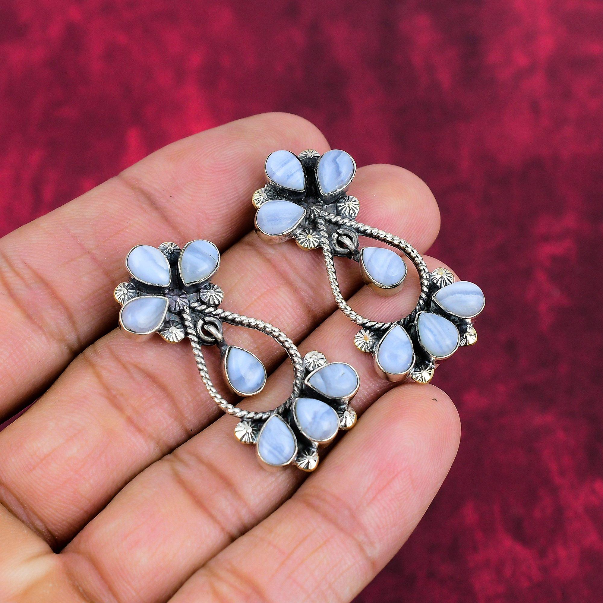 

Серьги ручной работы с синим кружевным агатом, серьги из стерлингового серебра 925 пробы, антикварные ювелирные изделия, серьги для подарка на помолвку 1.65 Inches синий