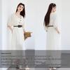 VICTORIA&VERA Women's Mid-Sleeve Cotton Linen Maxi Dress with Belt