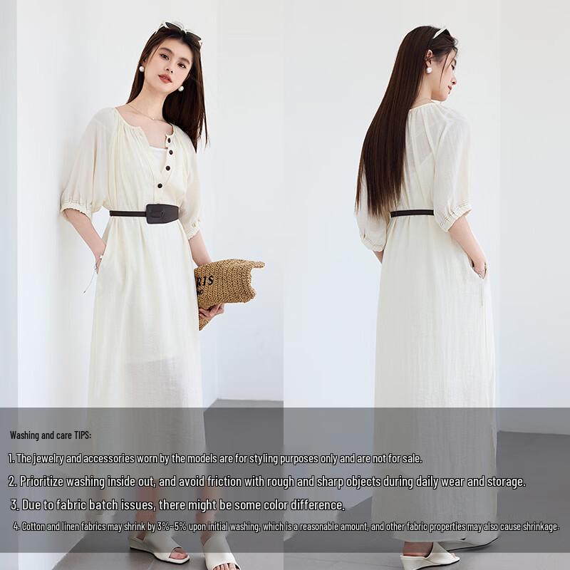 VICTORIA&VERA Women's Mid-Sleeve Cotton Linen Maxi Dress with Belt