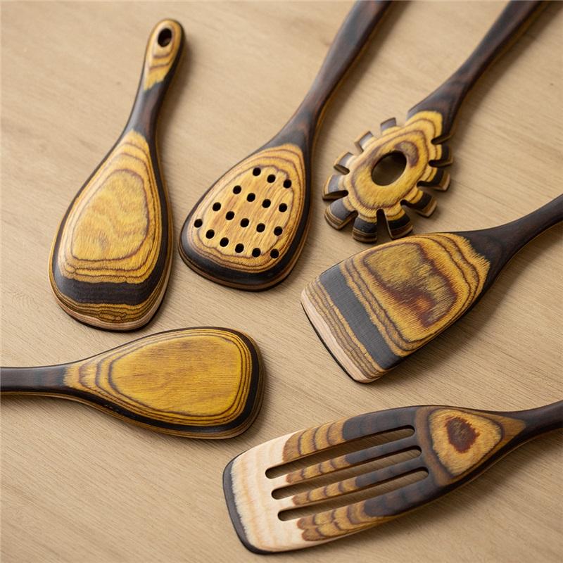 Retro Gradient Wood Kitchen Utensil Set, Non-stick Wooden Spatula Rice Spoon Pasta Spoon Colander Spoon, Heat Resistant Cooking Tool for Home Kitchen