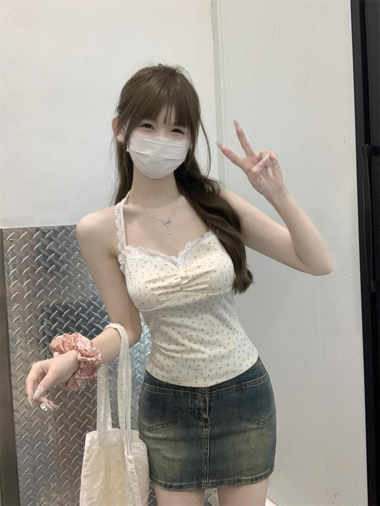 Summer Korean-Style Floral Lace-Trim Slim Fit Cotton Camisole
