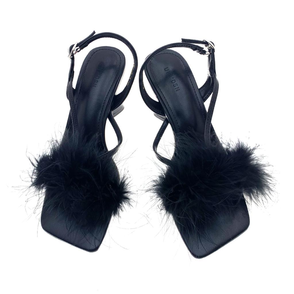 Square Head Thick Heel High Heels Fairy Summer Wear 2025 New Thin Heel Buckle with Mezzanine Toe Feather Sandals