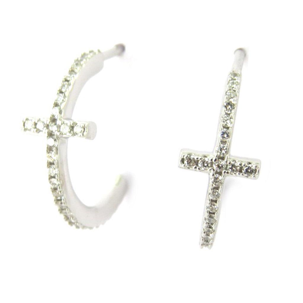 Les Trésors De Lily [M7628] - Sølv 'Cross' bøyleøreringer, sølvhvite (rhodiumbelagt) - 16x6 mm