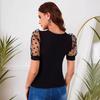 2026 Spring/Summer Women's Mesh Polka Dot Patchwork Round Neck Slim Fit Short Sleeve T-Shirt