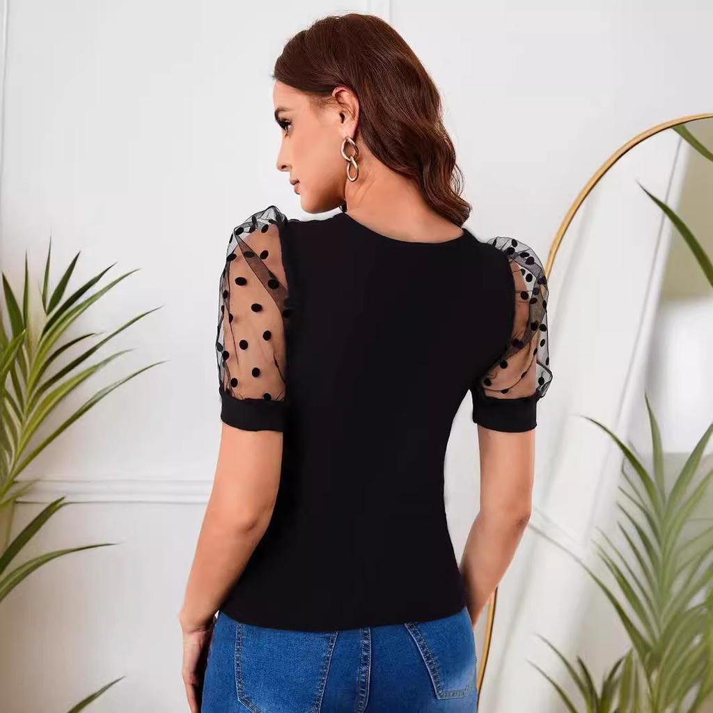 2026 Spring/Summer Women's Mesh Polka Dot Patchwork Round Neck Slim Fit Short Sleeve T-Shirt