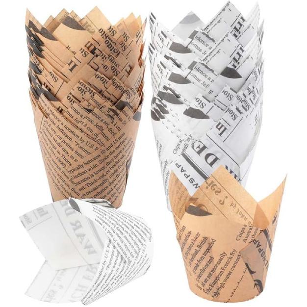 200pcs Tulip Cupcake & Muffin Tins Liners, 2” Standard Newspaper Pattern Paper Baking Cups Nature and White