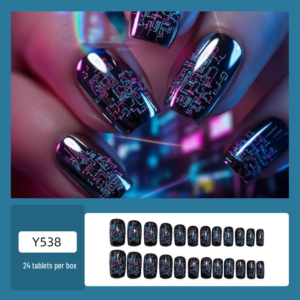 Futuristic Circuit Board Stripe Medium Square Wearable Nail Art Tips