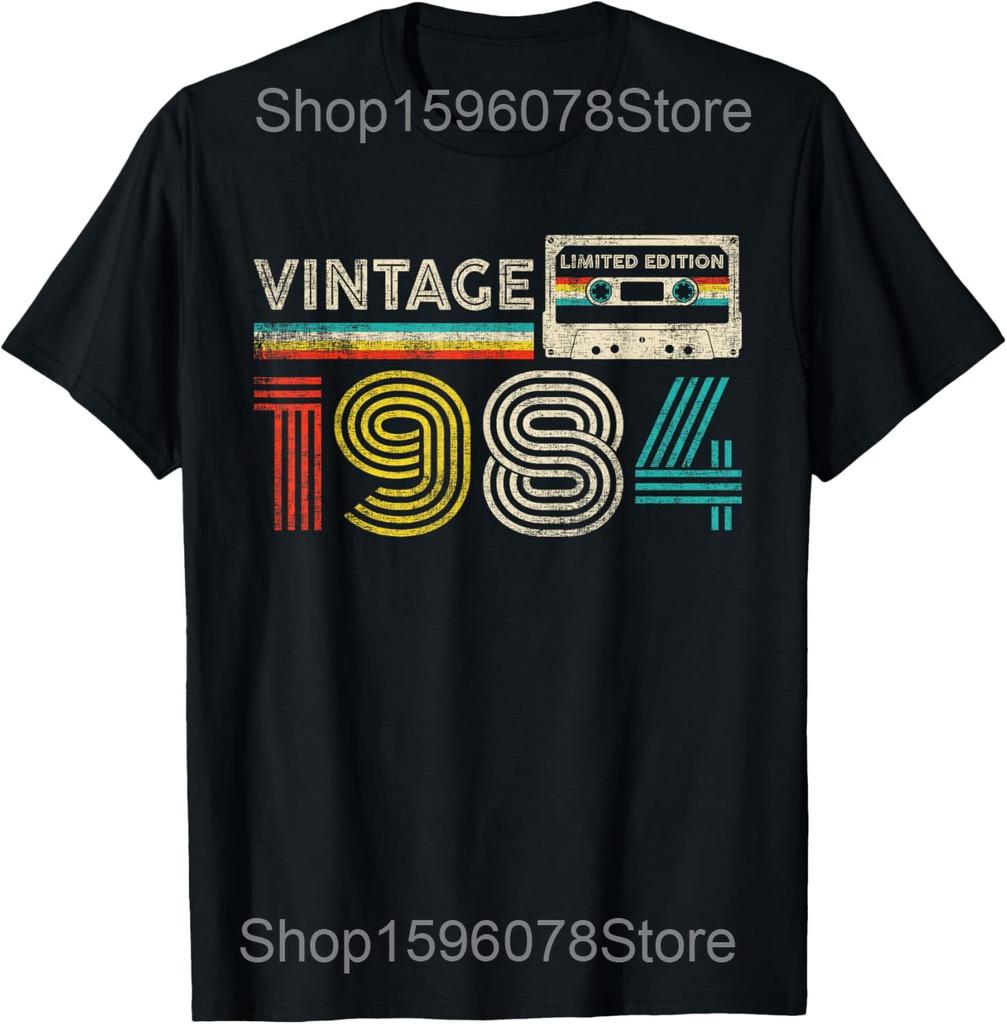Vintage 1984 Chest Stripe Birthday T Shirts Men Women Pure Cotton Humor Streetwear Tee Shirt Short Sleeve Unisex Loose Clothing