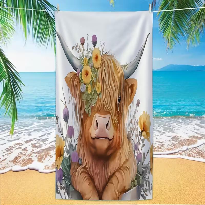Hallo Frühling Hochlandrind Blumenkranz Strandtuch Sandfreies Handtuch Flauschige Orange Kuh Zaun Holzschild Druckdecke