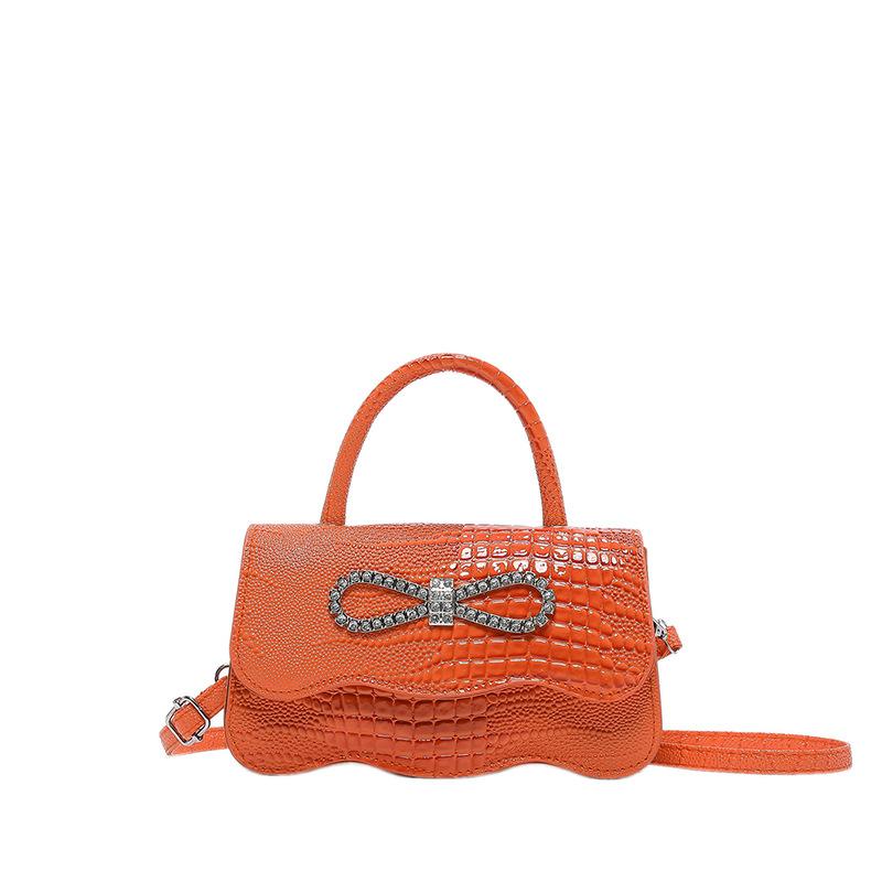 Crocodile Pattern Women'S Bag With Diamond Bow Retro Solid Color Casual Shoulder Crossbody Portable Small Square Bag Tide