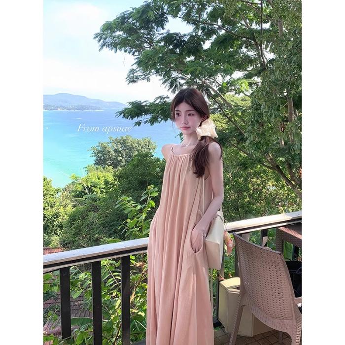 

[Shoulder strap adjustable + pockets] Pleated suspender dress, new summer lazy vacation style loose and long XL рожевий