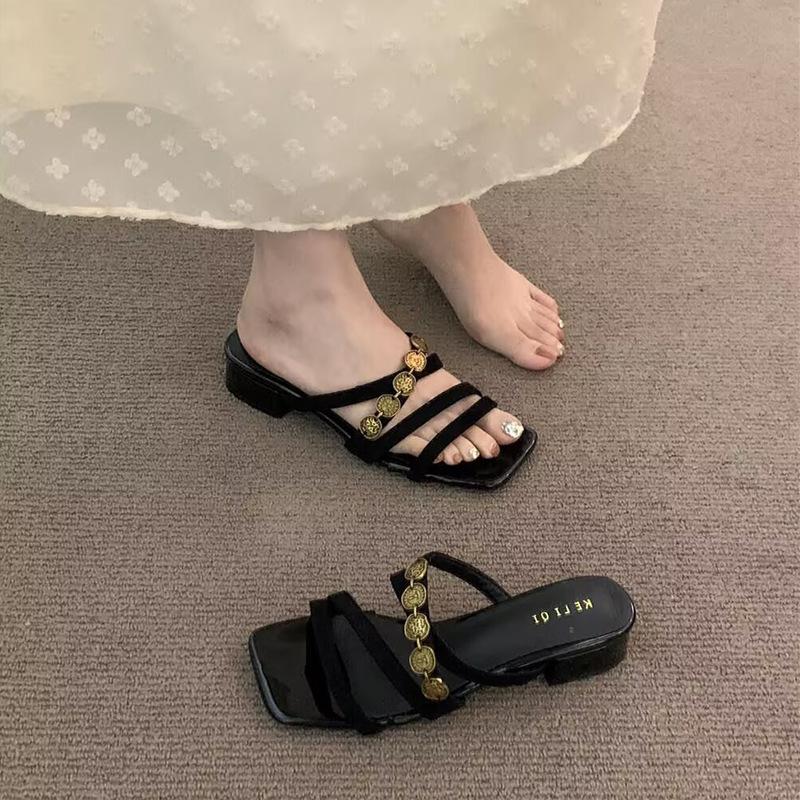 Female Large Size French Square Head Slippers Metal Medium Heel Cool Fairy Wind 2025 Summer New Gentle Outer Wear One-word Drag
