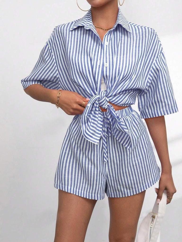 European-American 2026 Summer Fashion Striped Lapel Short-Sleeve Top & Short-Pants Casual Women's Two-Piece Set