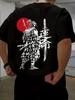 Men's Samurai Warrior Print T-Shirt with Japanese Calligraphy and Red Circle Design