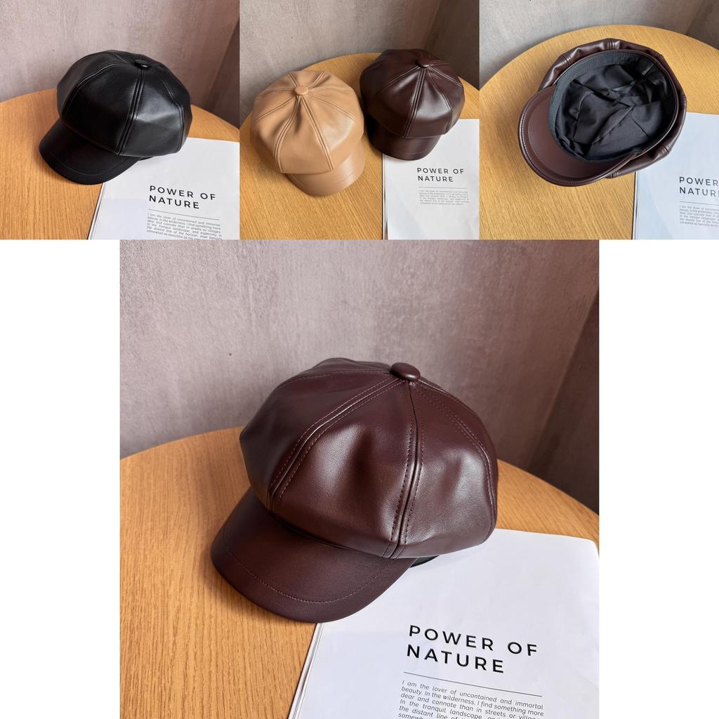 Retro Style Octagon Hat For Girls In Pu Leather With Sunshade And Breathability