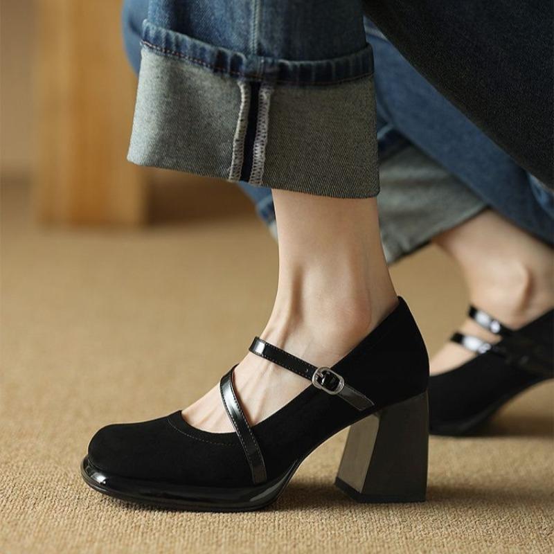 Suede One Strap Block Heel Single Shoes New Square Toe Shallow Mouth Anti-slip Wear-resistant High Heels for Autumn