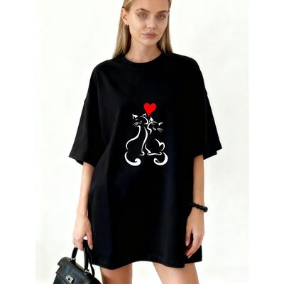 Übergroßes T-Shirt-Kleid Schwarze Katze und Herz-Print Freizeitkleidung für Damen