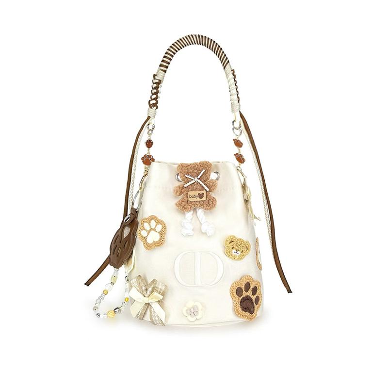 DIOR DIY Style Cosmetic Bag Bear Cookie Cute Paw Print Plush Childlike Cute Casual Versatile Beige Bucket Off-white off-white (colorful style) белый