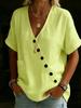 New Women's Shirt Top V-Neck Solid Color Casual Comfortable Button Cotton and Linen Shirt