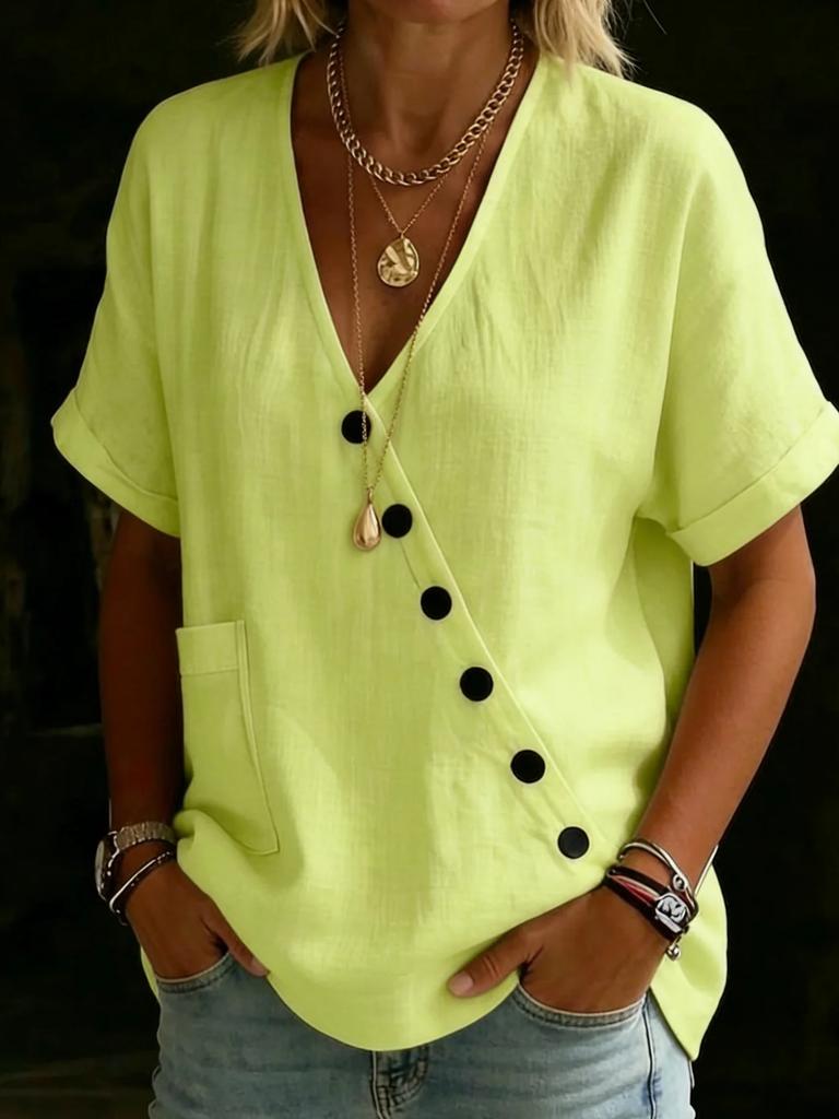New Women's Shirt Top V-Neck Solid Color Casual Comfortable Button Cotton and Linen Shirt