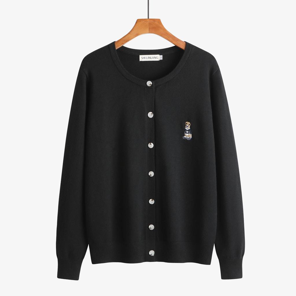 Plus Size Women's 2025 Autumn/Winter Bear Embroidered Knit Cardigan Sweater - Round Neck, Thickened, Fits Up to 220 Jin