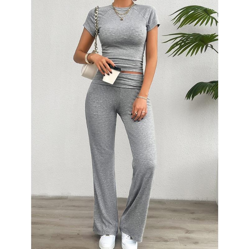 Summer casual solid color slim short-sleeved trousers set